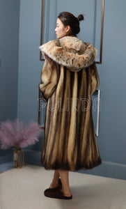 Real Fitch Fur Coat Lynx Fur Collar Hooded