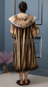 Real Fitch Fur Coat Lynx Fur Collar Hooded