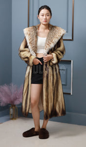 Real Fitch Fur Coat Lynx Fur Collar Hooded