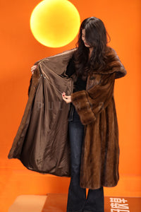 Full length natural Saga mink fur coat with shawl collar