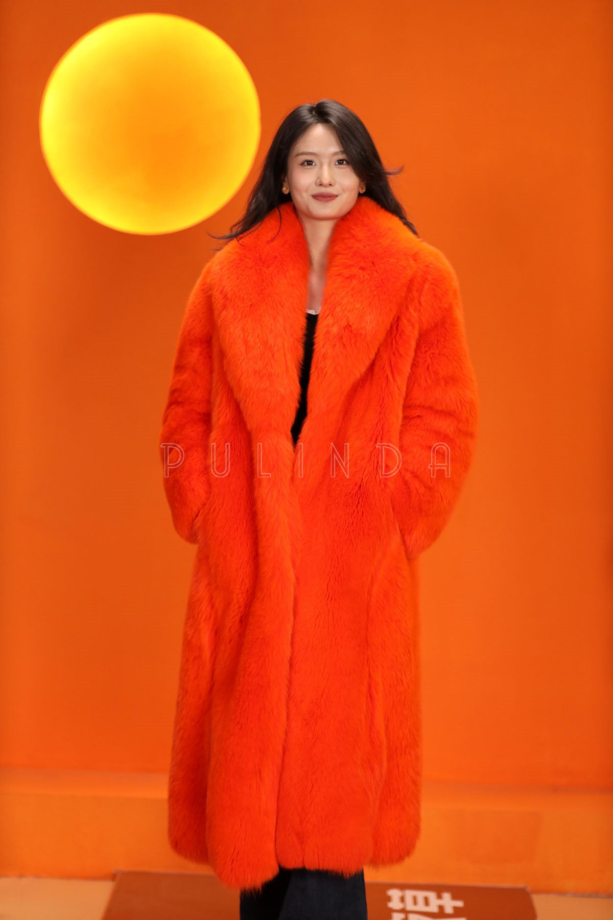 Full length natural Saga fox fur coat with shawl collar