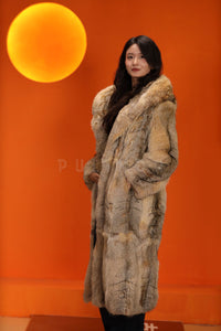 Full length natural coyote fur hooded coat