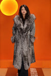 Full length natural karakul fur hooded coat with silver fox trim