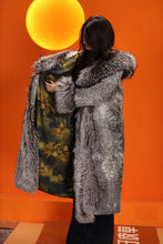 Load image into Gallery viewer, Full length natural karakul fur hooded coat with silver fox trim
