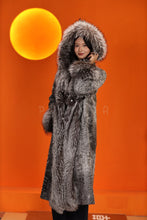 Load image into Gallery viewer, Full length natural karakul fur hooded coat with silver fox trim
