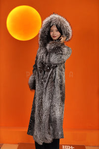 Full length natural karakul fur hooded coat with silver fox trim