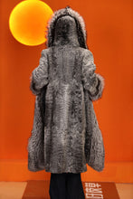 Load image into Gallery viewer, Full length natural karakul fur hooded coat with silver fox trim
