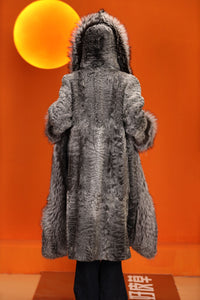 Full length natural karakul fur hooded coat with silver fox trim