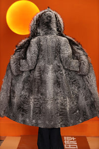 Full length natural karakul fur hooded coat with silver fox trim