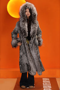 Full length natural karakul fur hooded coat with silver fox trim