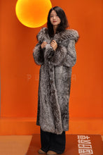 Load image into Gallery viewer, Full length natural karakul fur hooded coat with silver fox trim
