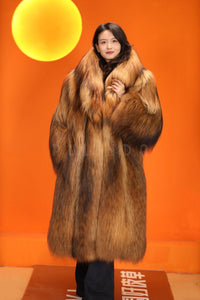 Full length natural arctic raccoon fur coat with shawl collar