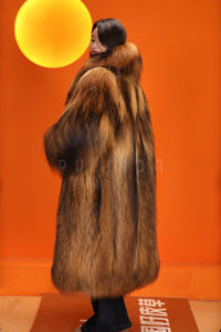 Full length natural arctic raccoon fur coat with shawl collar