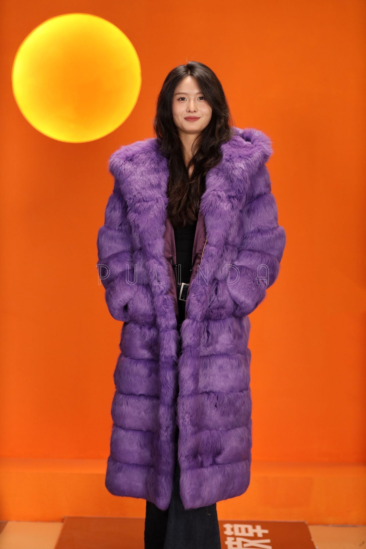 Full length natural arctic hare fur hooded coat