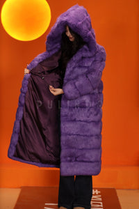 Full length natural arctic hare fur hooded coat