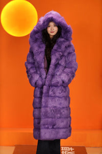 Full length natural arctic hare fur hooded coat