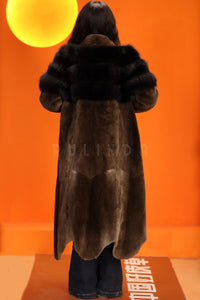 Full length natural beaver fur coat with stand collar