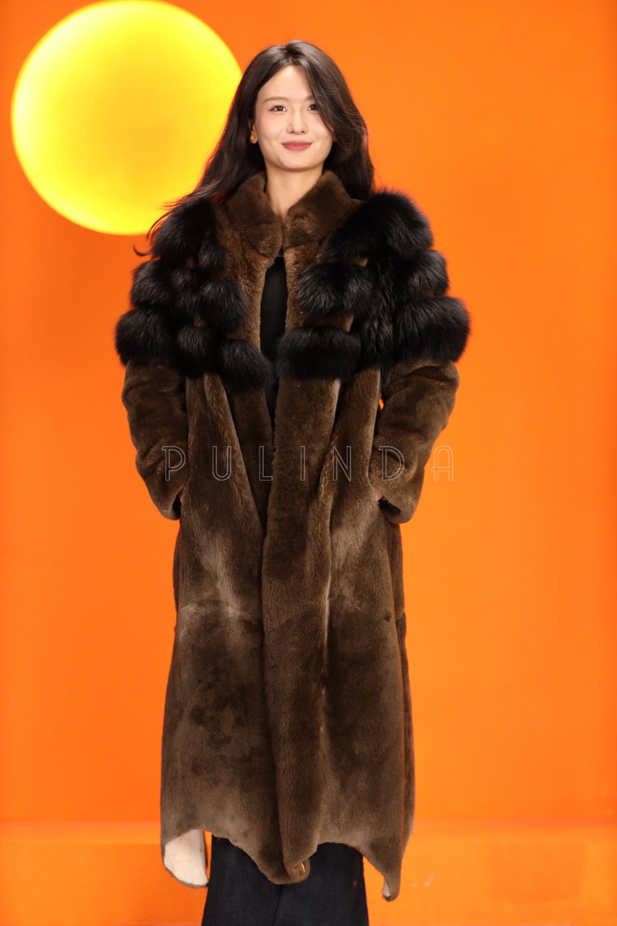 Full length natural beaver fur coat with stand collar