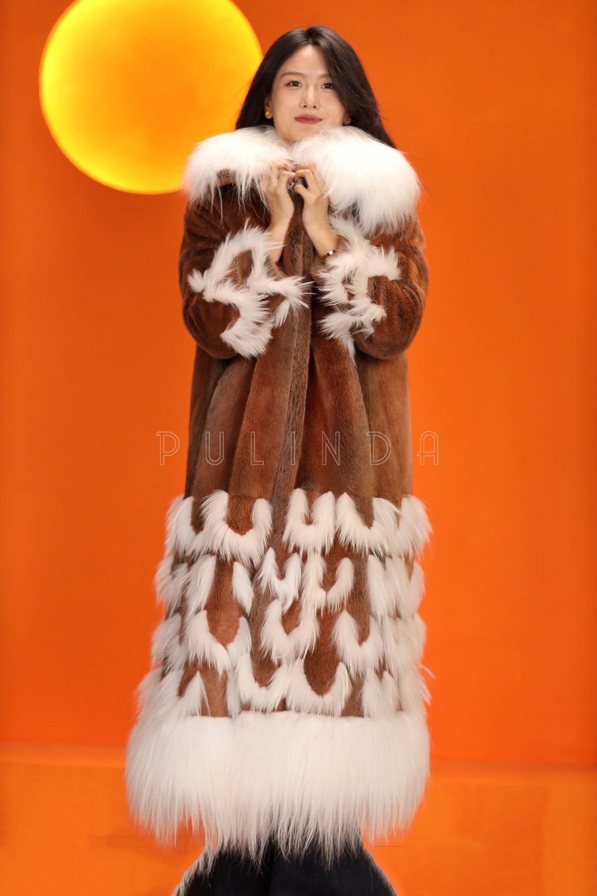 Full length natural Saga mink fur coat with fox trim