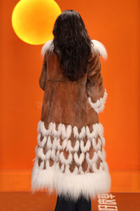 Full length natural Saga mink fur coat with fox trim