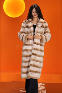 Full length natural rex rabbit fur coat with english collar