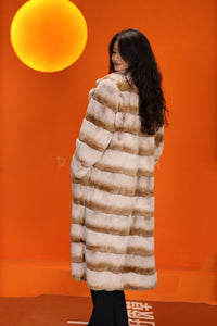 Full length natural rex rabbit fur coat with english collar