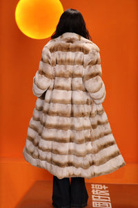 Full length natural rex rabbit fur coat with english collar