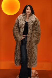 Full length natural Saga fox fur coat with shawl collar