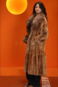 Full length natural rex rabbit fur coat with fox shawl collar