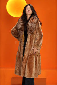 Full length natural rex rabbit fur coat with fox shawl collar