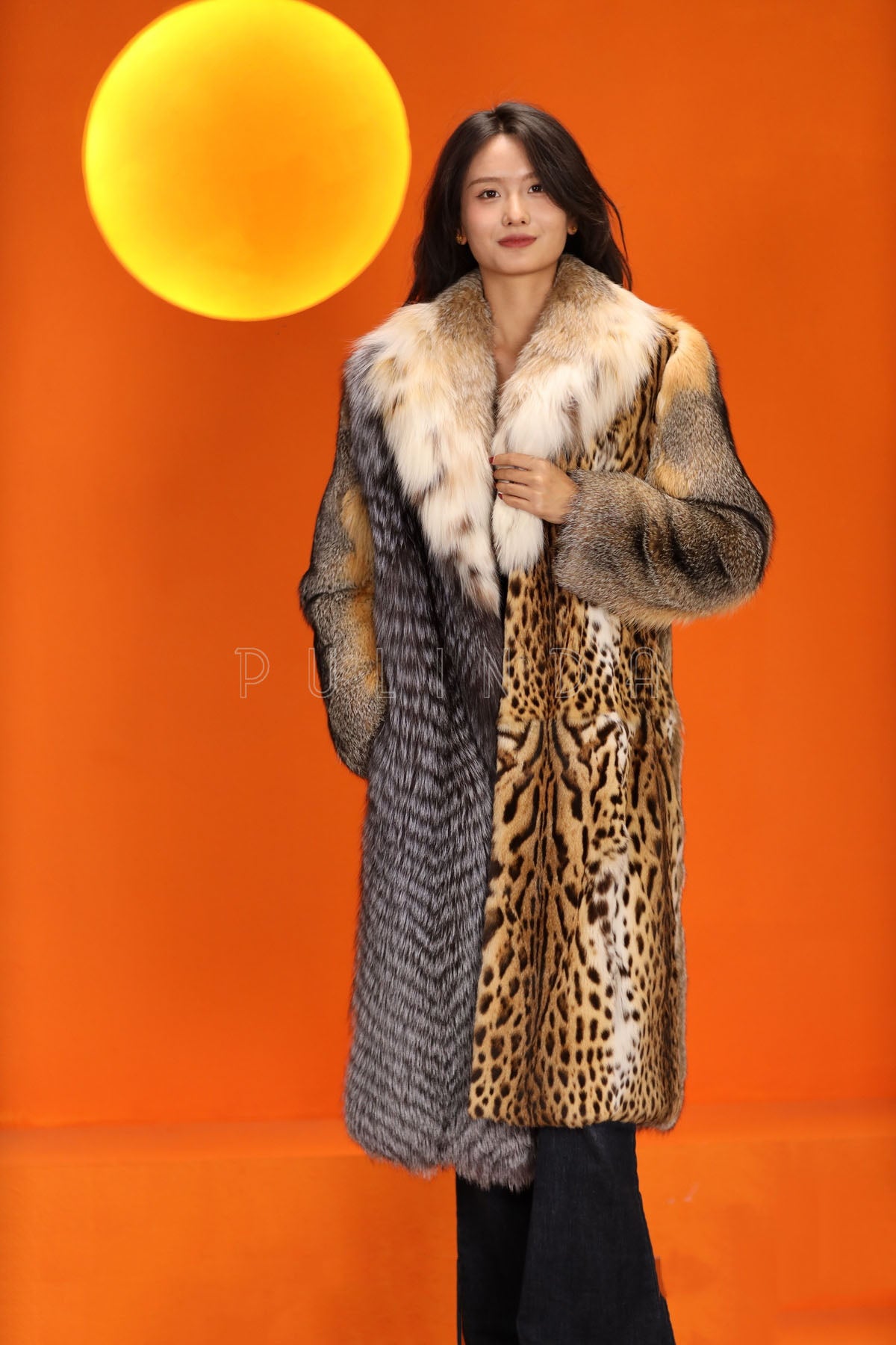 Full length natural fox and bobcat fur coat with lynx shawl collar