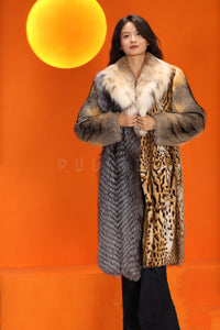 Full length natural fox and bobcat fur coat with lynx shawl collar