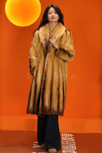 Full length natural golden marten coat with shawl collar