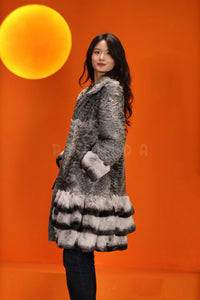 Mid-length genuine karakul and rex rabbit fur coat