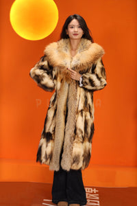 Penny lane in women's full length natural fitch fur coat with fox shawl collar