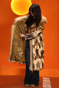 Penny lane in women's full length natural fitch fur coat with fox shawl collar