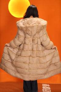 Full length natural arctic hare fur coat with shawl collar