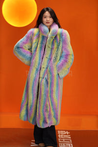 Full length natural Saga fox fur coat with stand collar