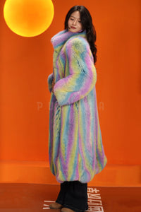 Full length natural Saga fox fur coat with stand collar