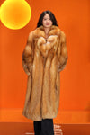 Full length natural Saga red fox fur coat with shawl collar