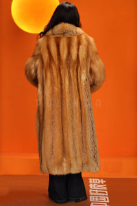 Full length natural Saga red fox fur coat with shawl collar