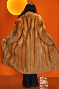 Full length natural Saga red fox fur coat with shawl collar