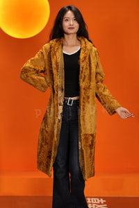 Full length natural karakul xiangao fur hooded coat