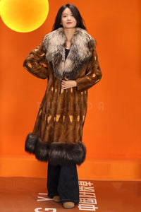 Full length natural squirrel fur coat with silver fox shawl coller