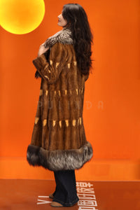 Full length natural squirrel fur coat with silver fox shawl coller