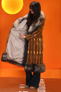 Full length natural squirrel fur coat with silver fox shawl coller