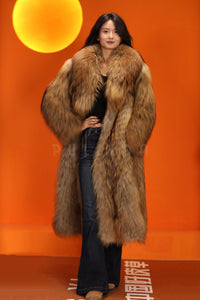 Full length natural arctic raccoon fur coat with shawl collar