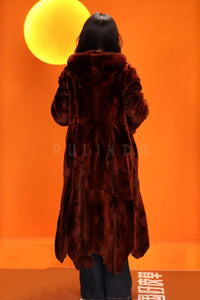 Full length natural nutria fur hooded coat