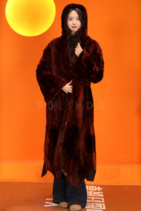 Full length natural nutria fur hooded coat