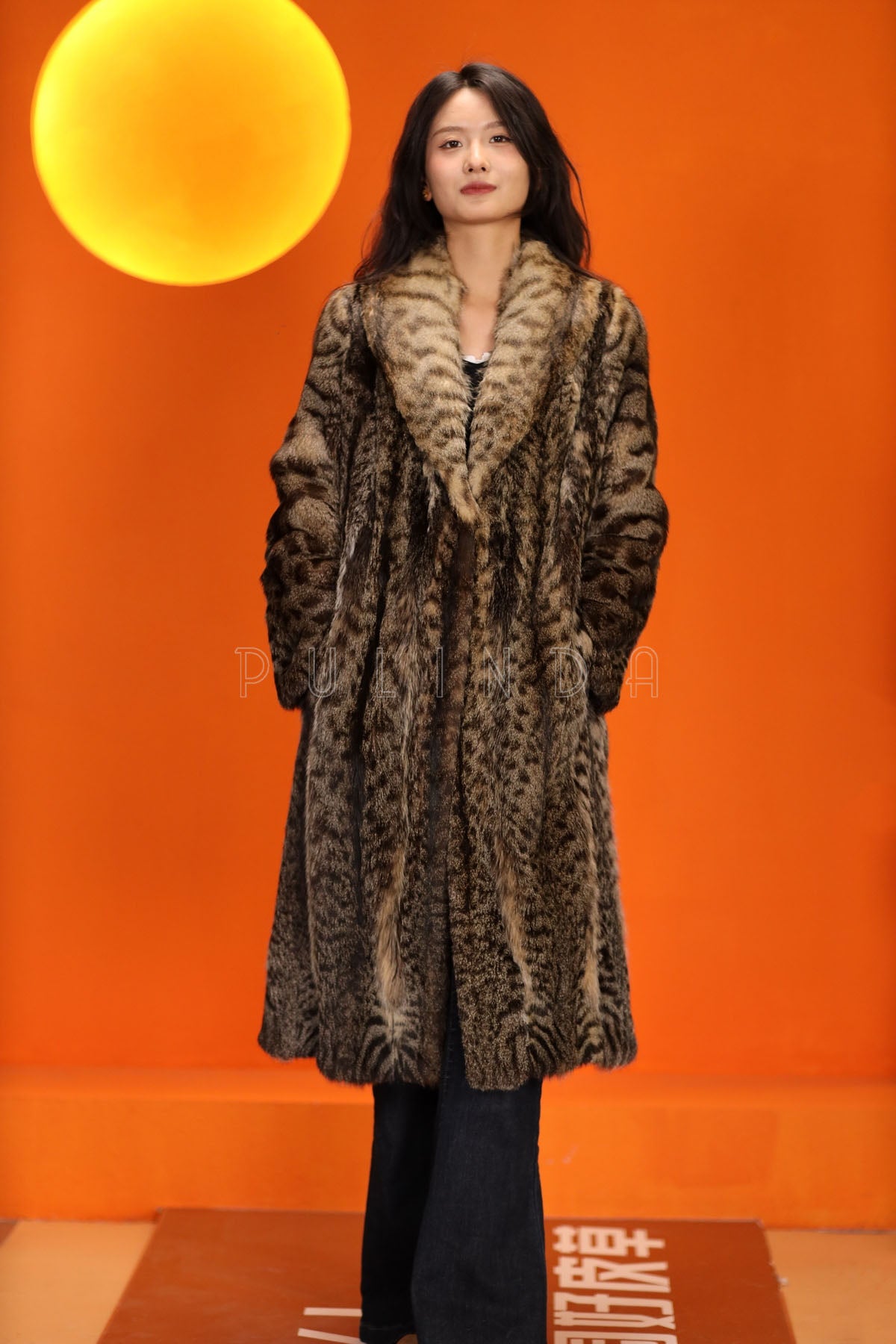 Full length natural cat fur coat with shawl collar